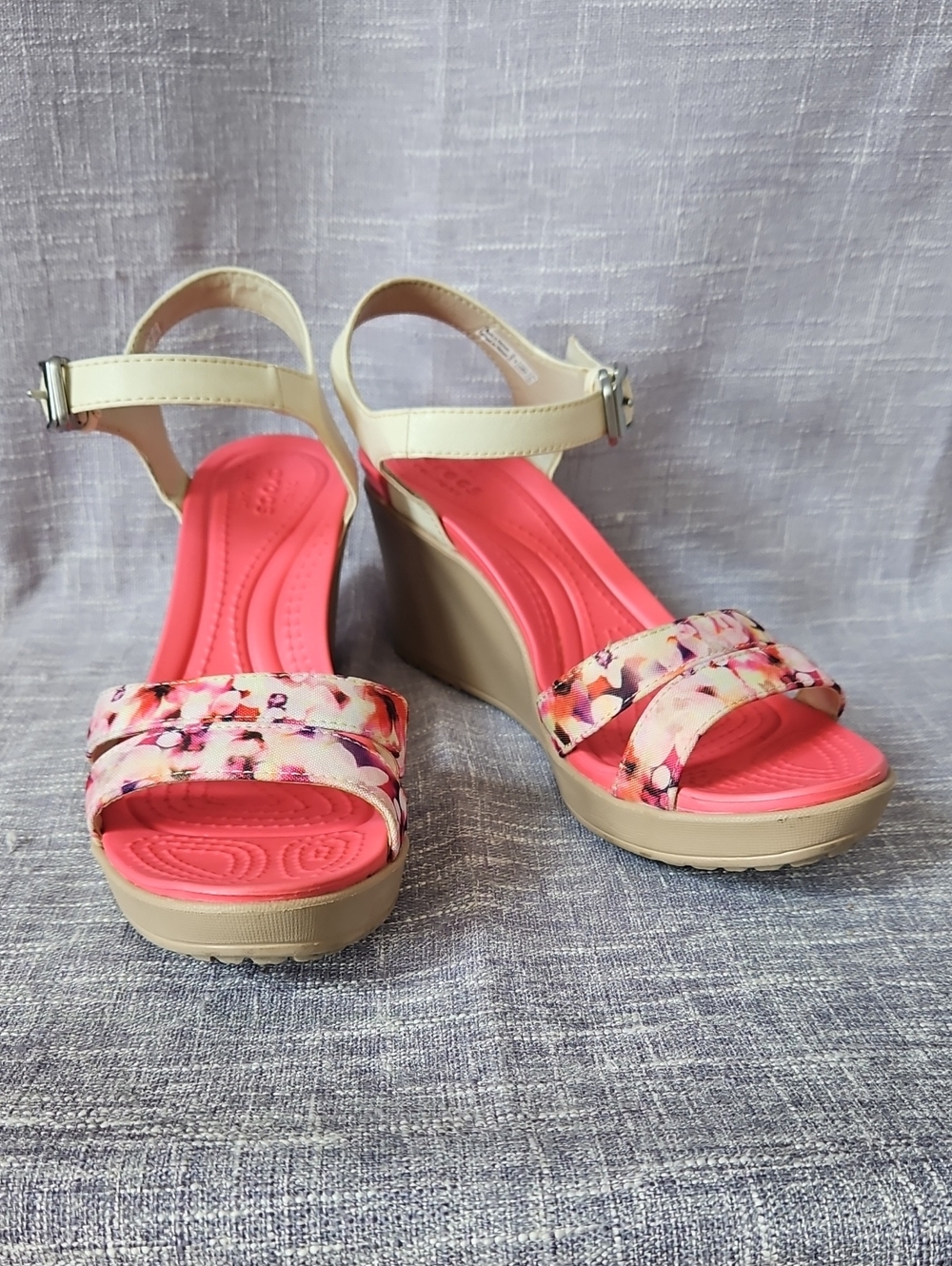 CROCS Pink Floral Wedge Sandals with Cream Ankle Strap